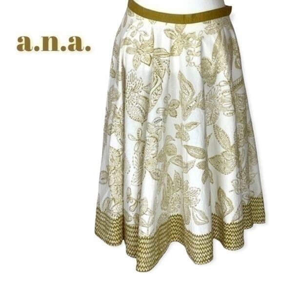 a.n.a. White Tan Pure Cotton w/Sequins Cottage Boho Circle Skirt Size 6 - Picture 1 of 9